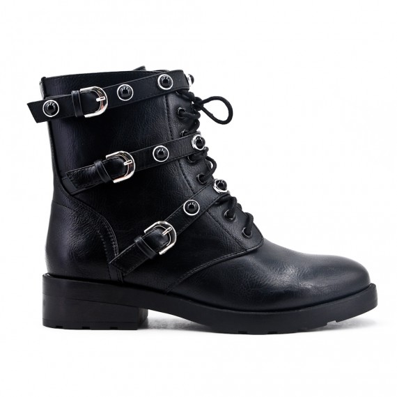 Black imitation leather ankle boot with pearl strap