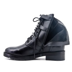 Black imitation leather ankle boot with pearl strap