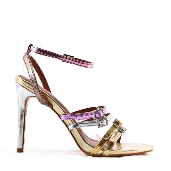 Mixed-material heeled sandal