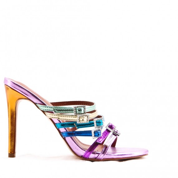 Mixed-material heeled sandal