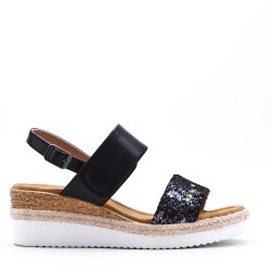 Mixed material wedge sandal