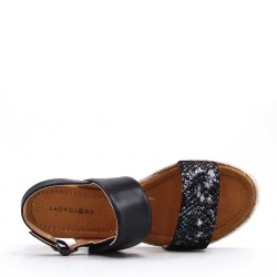 Mixed material wedge sandal