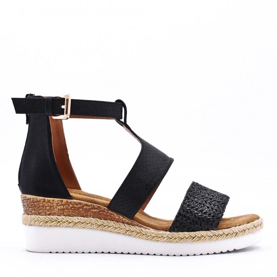 Mixed material wedge sandal