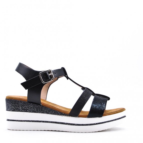 Mixed material wedge sandal