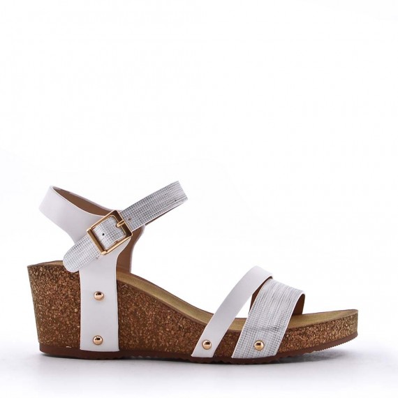 Mixed material wedge sandal