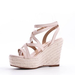 Mixed material wedge sandal