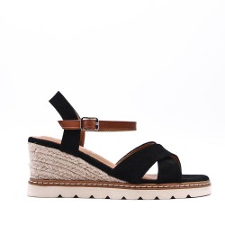 Mixed material wedge sandal