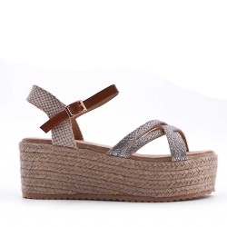 Mixed material wedge sandal