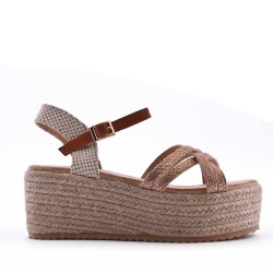 Mixed material wedge sandal