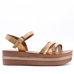 Mixed material wedge sandal