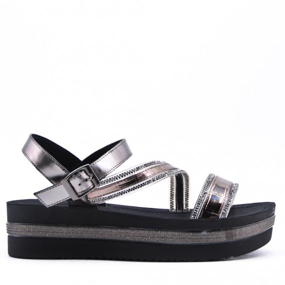 Mixed material wedge sandal