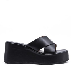 Mixed material wedge sandal