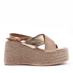 Mixed material wedge sandal