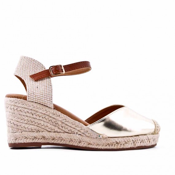 Mixed material wedge sandal for women