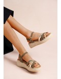 Mixed material wedge sandal for women