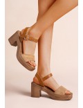 Mixed material wedge sandal for women