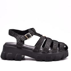 Mixed material wedge sandal