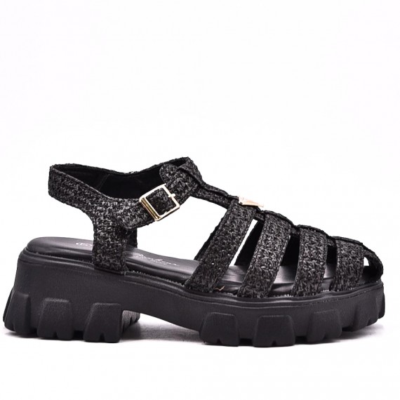 Mixed material wedge sandal