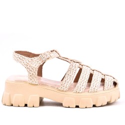 Mixed material wedge sandal
