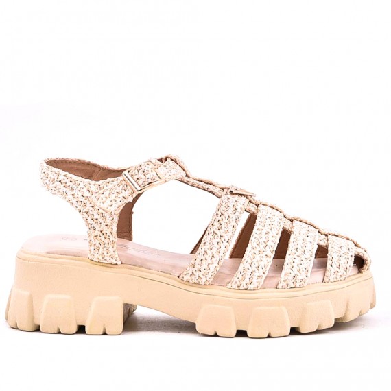 Mixed material wedge sandal