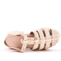 Mixed material wedge sandal
