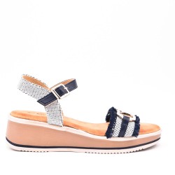 Mixed material wedge sandal
