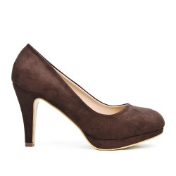 Escarpin marron en simili daim à talon