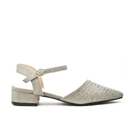 Gray sandal with rhinestones and square heel