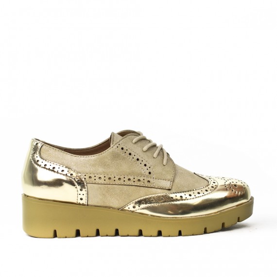 Golden lace-up faux leather brogue