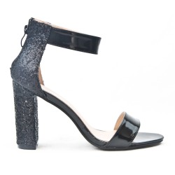 Black sandal with sequined heel