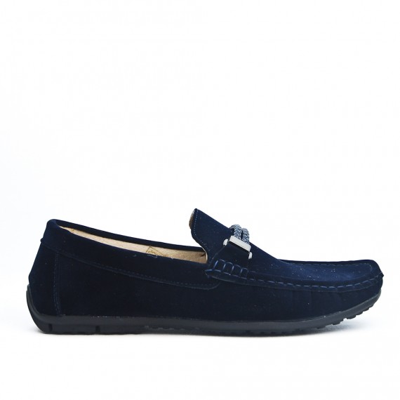 Navy moccasin with braided bridle