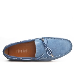 Blue suede loafer with bow