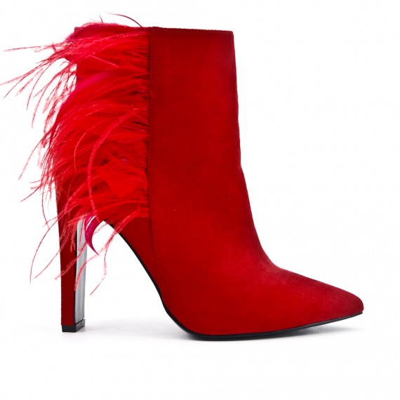 Red ankle boot in faux suede with feather