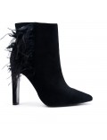 Black ankle boot in faux suede with feather