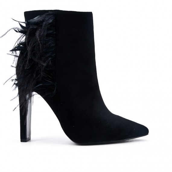 Black ankle boot in faux suede with feather