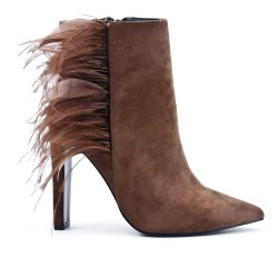 Khaki ankle boot in faux suede with feather
