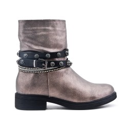 Silver imitation leather ankle boot with rhinestone strap