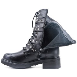 Black imitation leather ankle boot with studded strap and lace