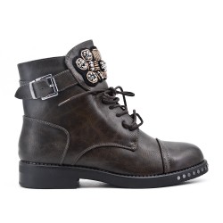 Khaki imitation leather ankle boot with jewelery