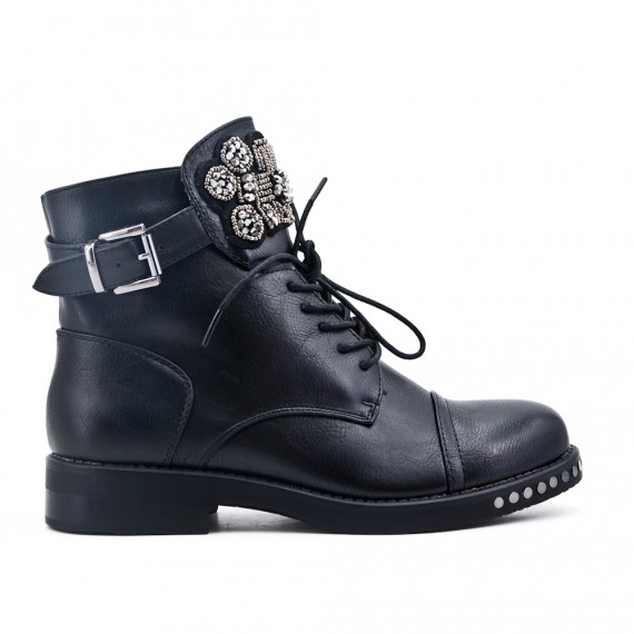 Black imitation leather ankle boot with jewelery