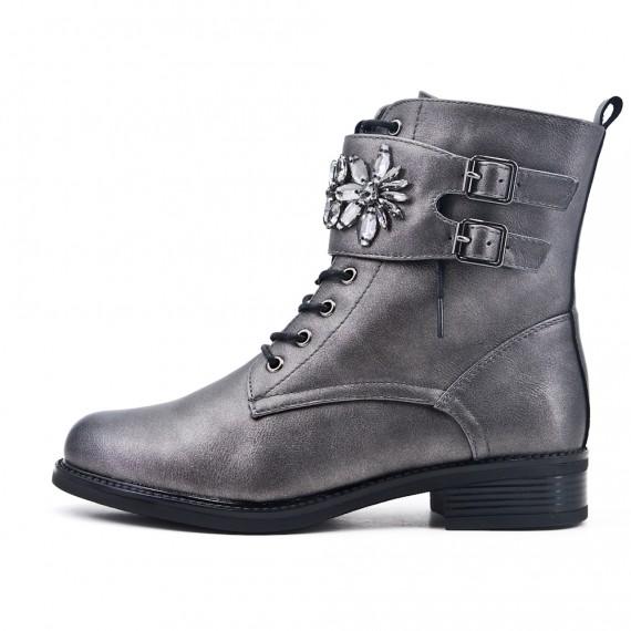 Gray imitation leather ankle boot with jewelery