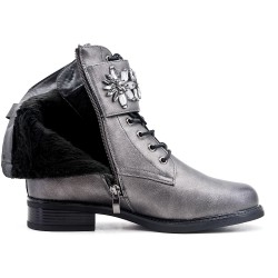 Gray imitation leather ankle boot with jewelery