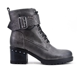Gray ankle boot in faux leather with thick heel