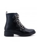 Black leather ankle boot with buckled bridle