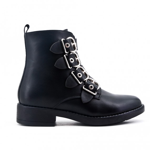 Black leather ankle boot with buckled bridle