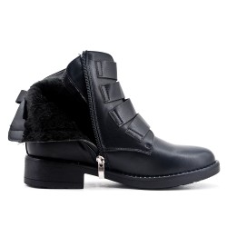 Black leather ankle boot with buckled bridle