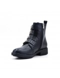 Black leather ankle boot with buckled bridle