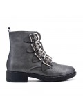 Gray leather ankle boot with buckled bridle