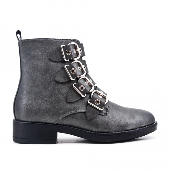 Gray leather ankle boot with buckled bridle