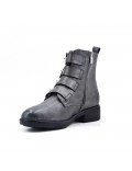 Gray leather ankle boot with buckled bridle